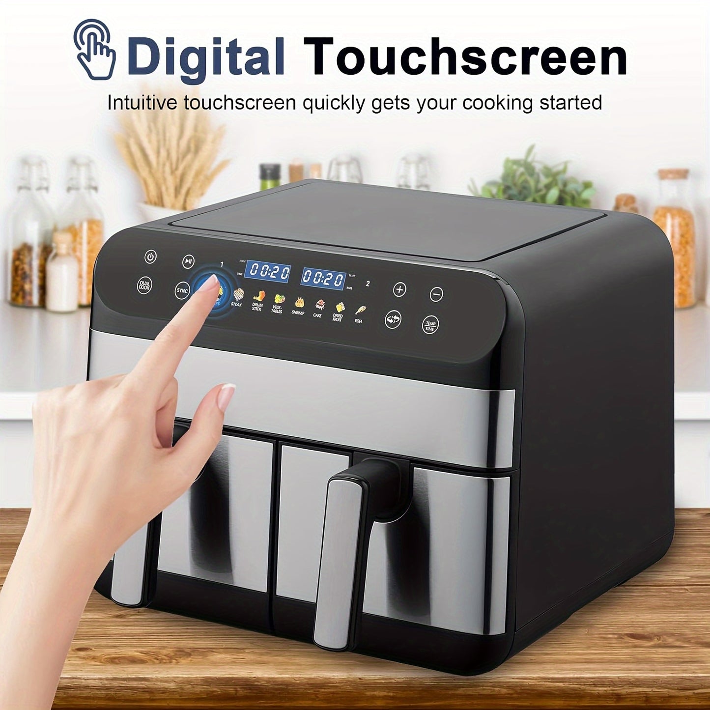 Smart Digital Air Fryer Oven 1800W Digital Air Fryer Oven - 9L (4.5L+4.5L) Smart Tabletop Oven with 10 Preset Menus, LED Touch Screen Temperature and Control for Baking