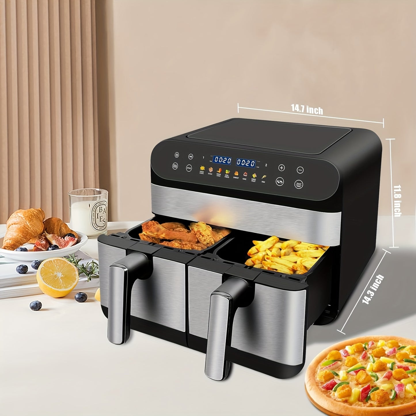 Double Air Fryer, 9L With 2 x 4.5L Independent Baskets, Dual Zone Air Fryer, Family Size Healthy Oil-free Air Fryer Oven, with Cookbook & 10 Presets & Digital LED Display, 1800W