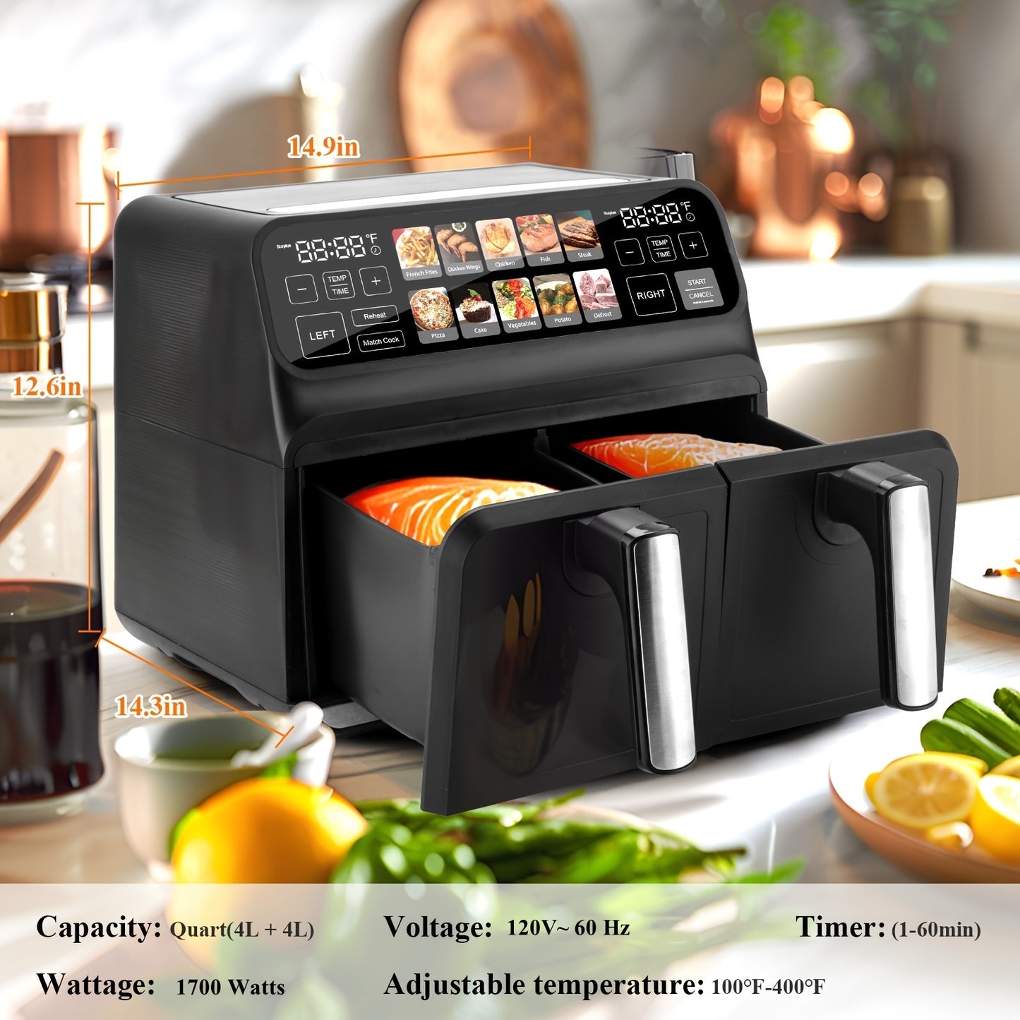 Dual Air Fryer, 8 Quart Double Air Fryer, 10-in-All Dual Zone Air Fryer, TFT Screen Air Fryer Dual Basket, Large Air Fryer Non Toxic
