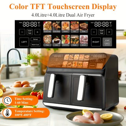 Dual Air Fryer, 8 Quart Double Air Fryer, 10-in-All Dual Zone Air Fryer, TFT Screen Air Fryer Dual Basket, Large Air Fryer Non Toxic