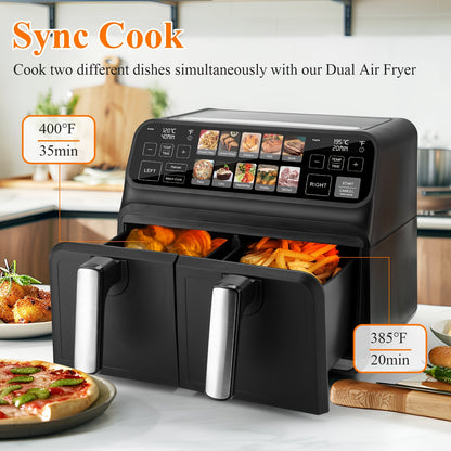 Dual Air Fryer, 8 Quart Double Air Fryer, 10-in-All Dual Zone Air Fryer, TFT Screen Air Fryer Dual Basket, Large Air Fryer Non Toxic