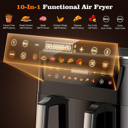 10Qt 10-in-1 Dual Air Fryer, Fresh Balanced Meals for Family And Children with Double Baskets, Sync Cook & Finish to Bake, Roast, Reheat, Broil for Easy Cooking, Dishwasher Safe - Includes Air Fryer Paper Liners 50pcs, Christ