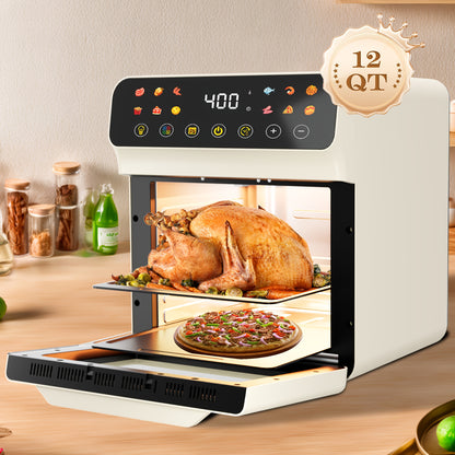 Bluebow 12QT Air Fryer Convection Oven with 12-in-1 Multi Function, Visible Window, Touchscreen, Healthy Choice, Oil-Free, Non-Stick Basket, Easy to Clean, One-Touch Operation, Baking, Heating, Air-drying, Fast Food