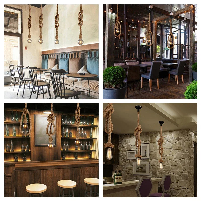 Vintage Hemp Rope Pendant Light E27 Industrial Style