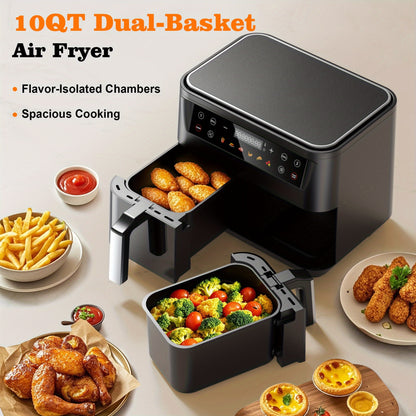 10Qt 10-in-1 Dual Air Fryer, Fresh Balanced Meals for Family And Children with Double Baskets, Sync Cook & Finish to Bake, Roast, Reheat, Broil for Easy Cooking, Dishwasher Safe - Includes Air Fryer Paper Liners 50pcs, Christ