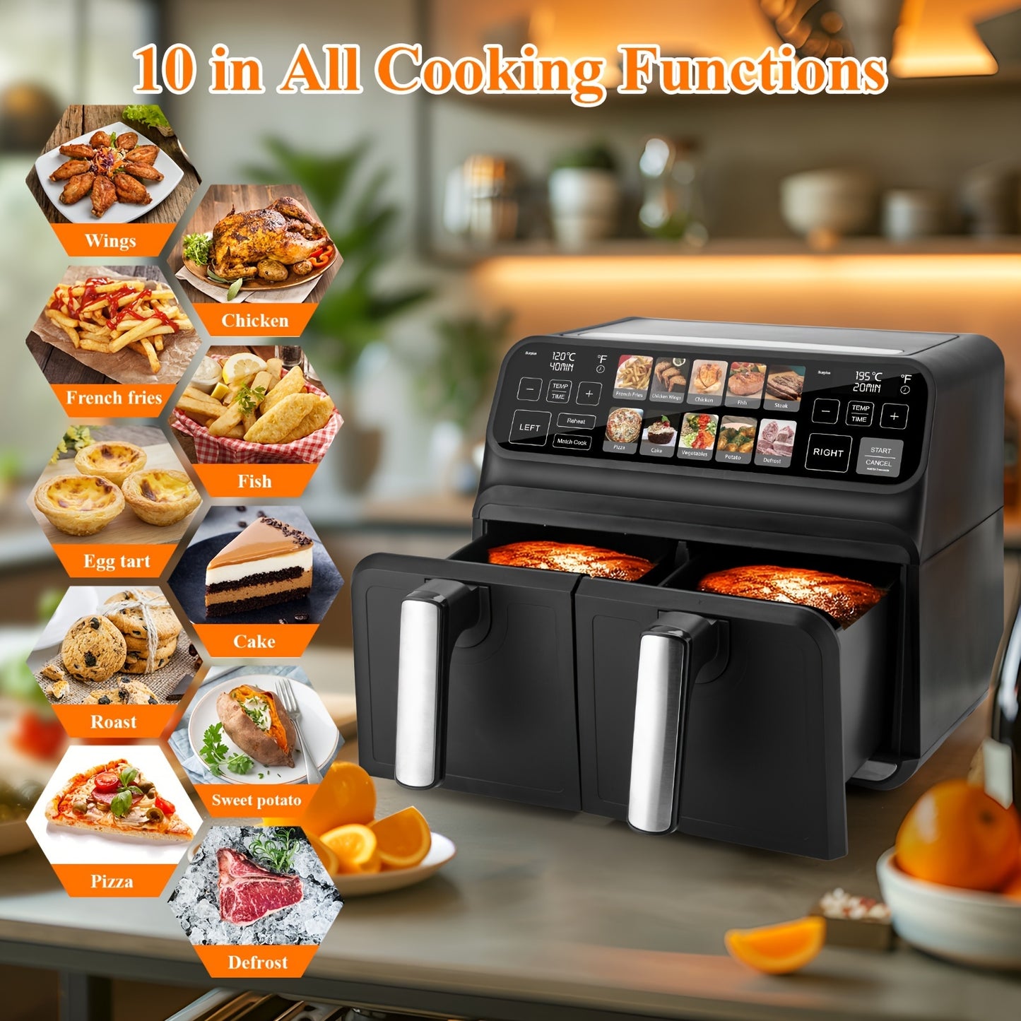 Dual Air Fryer, 8 Quart Double Air Fryer, 10-in-All Dual Zone Air Fryer, TFT Screen Air Fryer Dual Basket, Large Air Fryer Non Toxic