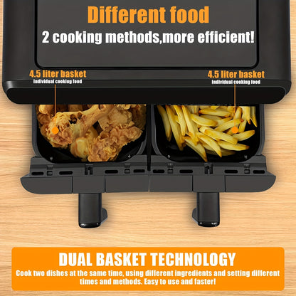 Double Air Fryer, 9L With 2 x 4.5L Independent Baskets, Dual Zone Air Fryer, Family Size Healthy Oil-free Air Fryer Oven, with Cookbook & 10 Presets & Digital LED Display, 1800W