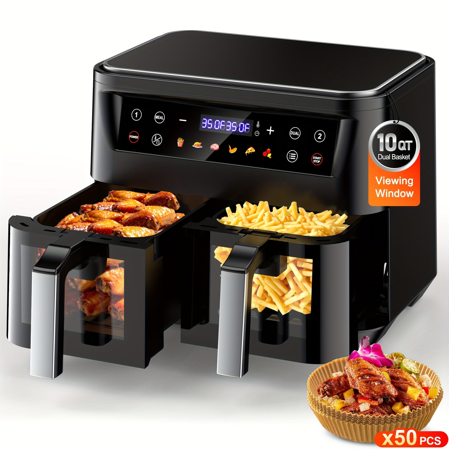 10Qt 10-in-1 Dual Air Fryer, Fresh Balanced Meals for Family And Children with Double Baskets, Sync Cook & Finish to Bake, Roast, Reheat, Broil for Easy Cooking, Dishwasher Safe - Includes Air Fryer Paper Liners 50pcs, Christ