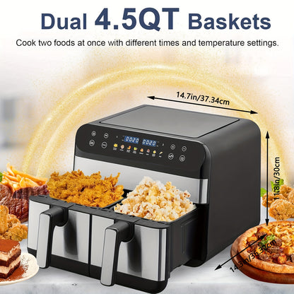Smart Digital Air Fryer Oven 1800W Digital Air Fryer Oven - 9L (4.5L+4.5L) Smart Tabletop Oven with 10 Preset Menus, LED Touch Screen Temperature and Control for Baking