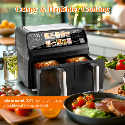 Dual Air Fryer, 8 Quart Double Air Fryer, 10-in-All Dual Zone Air Fryer, TFT Screen Air Fryer Dual Basket, Large Air Fryer Non Toxic