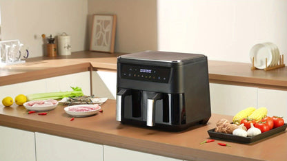 10Qt 10-in-1 Dual Air Fryer, Fresh Balanced Meals for Family And Children with Double Baskets, Sync Cook & Finish to Bake, Roast, Reheat, Broil for Easy Cooking, Dishwasher Safe - Includes Air Fryer Paper Liners 50pcs, Christ